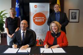 Mme Christine St-Pierre, M. Rudy Demotte, aux côtés de Mme Laurence Herman (Directrice du BIJ) et M. Alfred Pilon (Dirigeant LOJIQ) - © MRIF Mme Christine St-Pierre, M. Rudy Demotte, aux côtés de Mme Laurence Herman (Directrice du BIJ) et M. Alfred Pilon (Dirigeant LOJIQ) - © MRIF